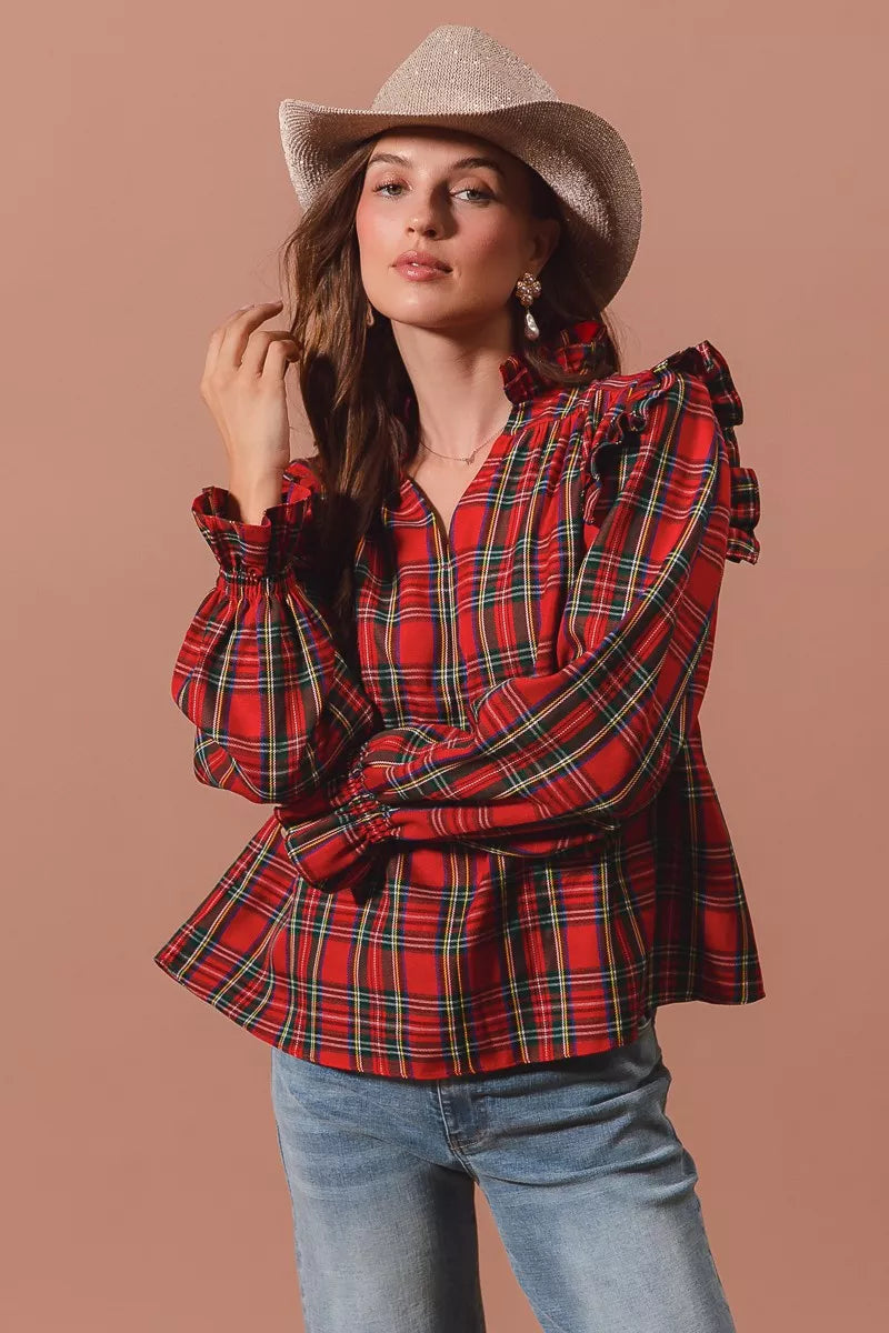 Christmas Checkered Plaid Smocked ♥️ Blouse at In Style Chics Boutique
