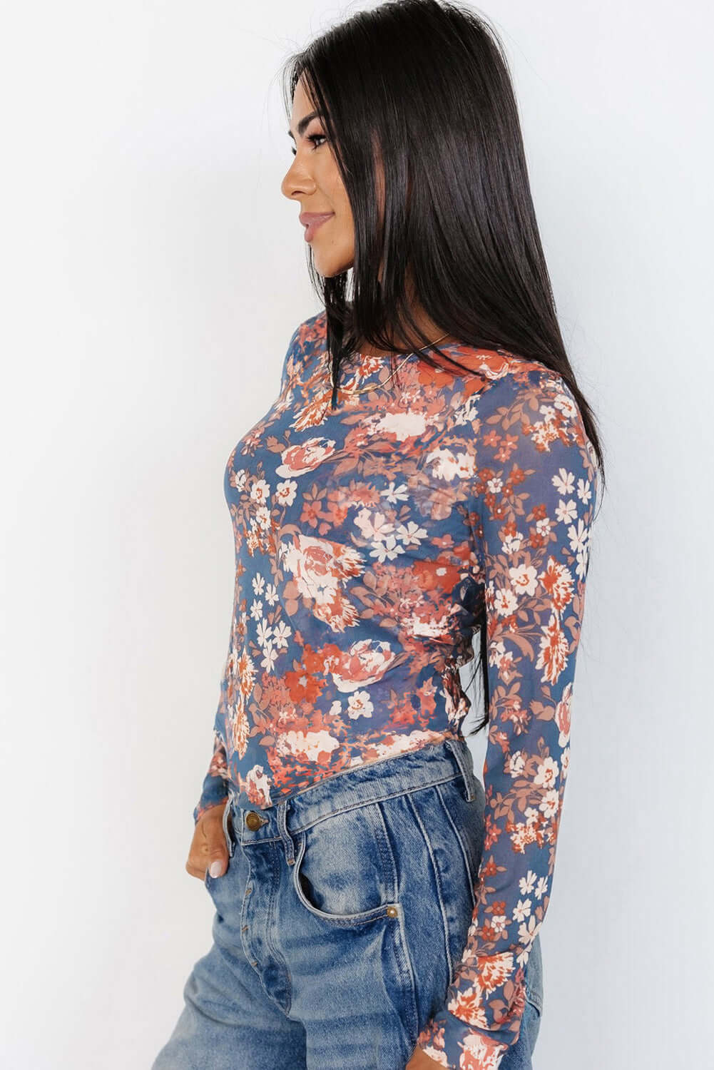 Boho Floral Print Mesh Long Sleeve Top - In Style Chics Boutique Online Clothing Women's Juniors Free Shipping Cute Clothes