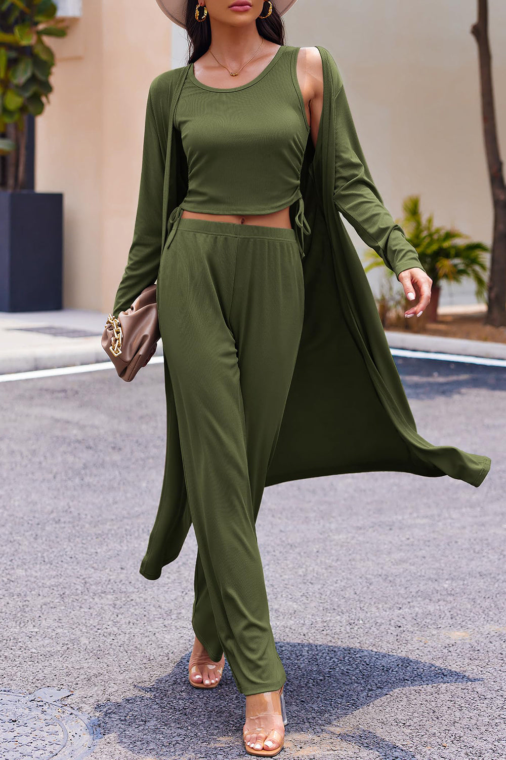 Drawstring Tank, Long Sleeve Cover Up and Pants Set - In Style Chics Boutique LLC