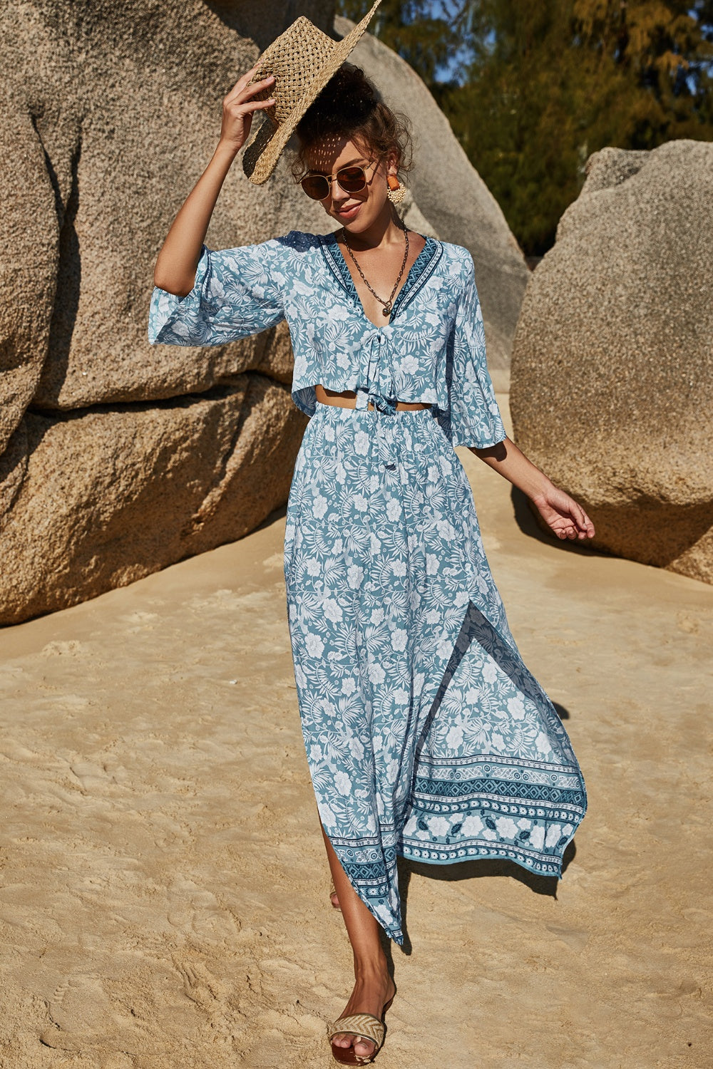 Printed Half Sleeve Top and Slit Skirt Set - More Colors! - In Style Chics Boutique LLC