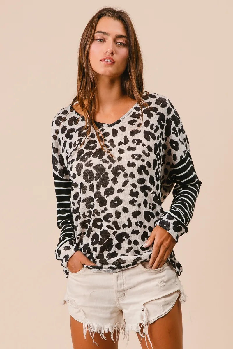 Leopard Hacci Knit Twist Back Top With Stripe Sleeve, In Style Chics Boutique