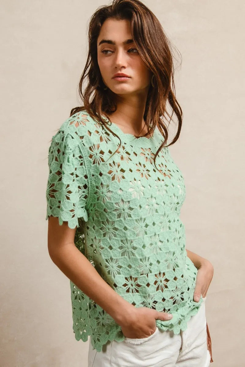 Openwork Crochet Short Sleeve Knit Top at In Style Chics Boutique