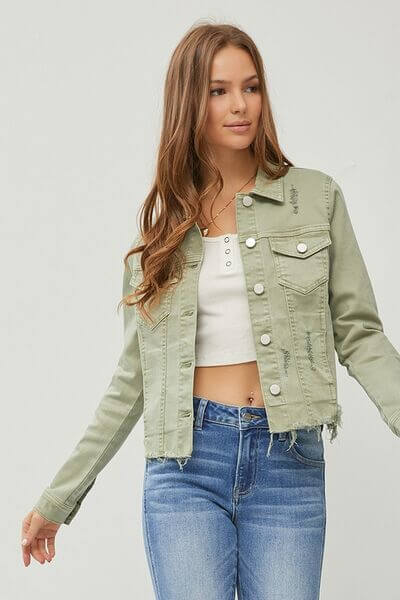 Women's Raw Hem Button Up Cropped Denim Jacket - In Style Chics Boutique