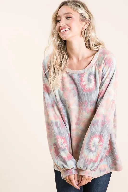Brushed Tie Dye Print Top with Puff Sleeves at In Style Chics Boutique Fall 2025 Women's Fashion