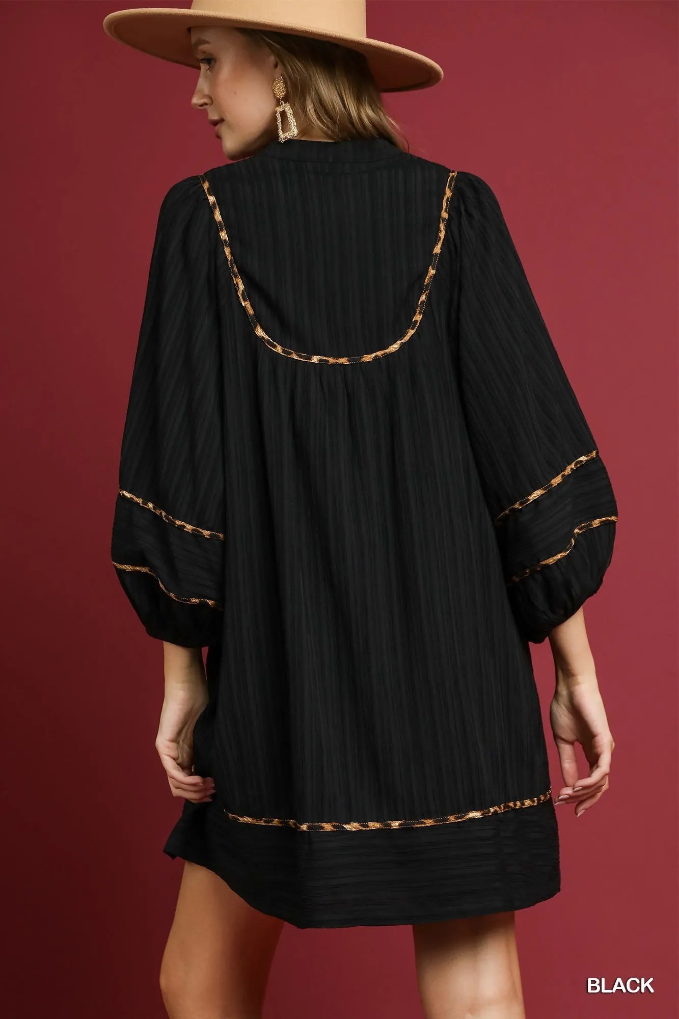 Textured Babydoll Dress with Leopard Trim at In Style Chics Boutique
