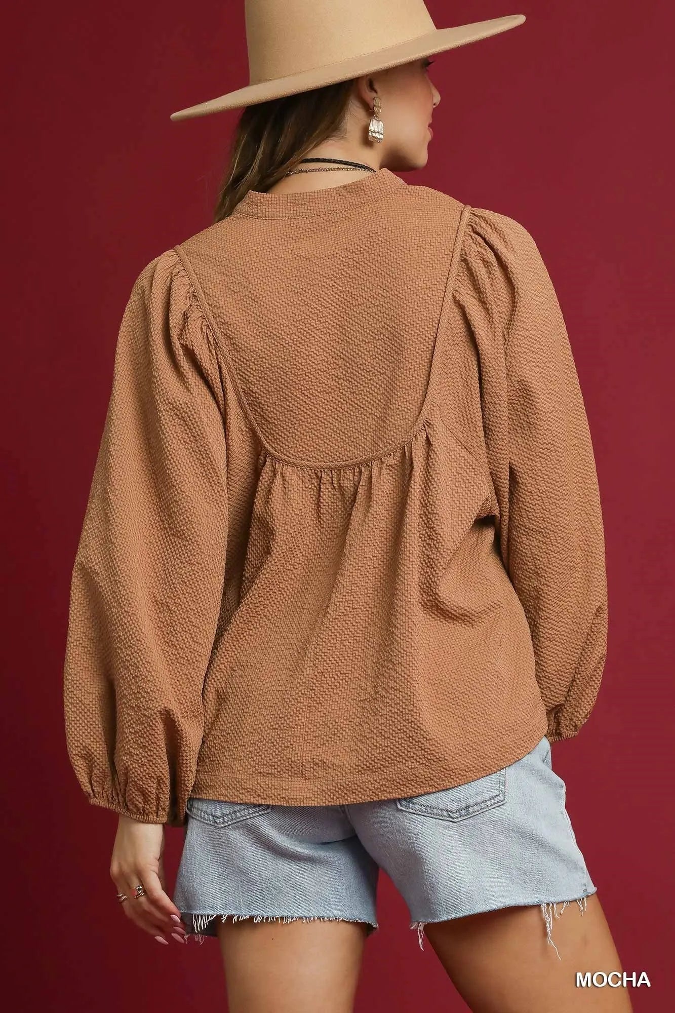 Textured Notched Mocha Blouse with Balloon Sleeves at In Style Chics Boutique