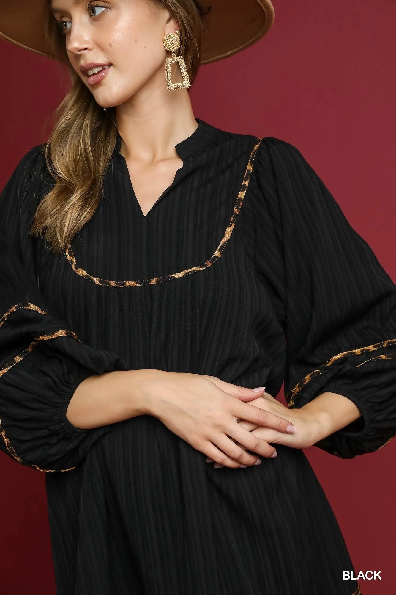 Textured Babydoll Dress with Leopard Trim at In Style Chics Boutique