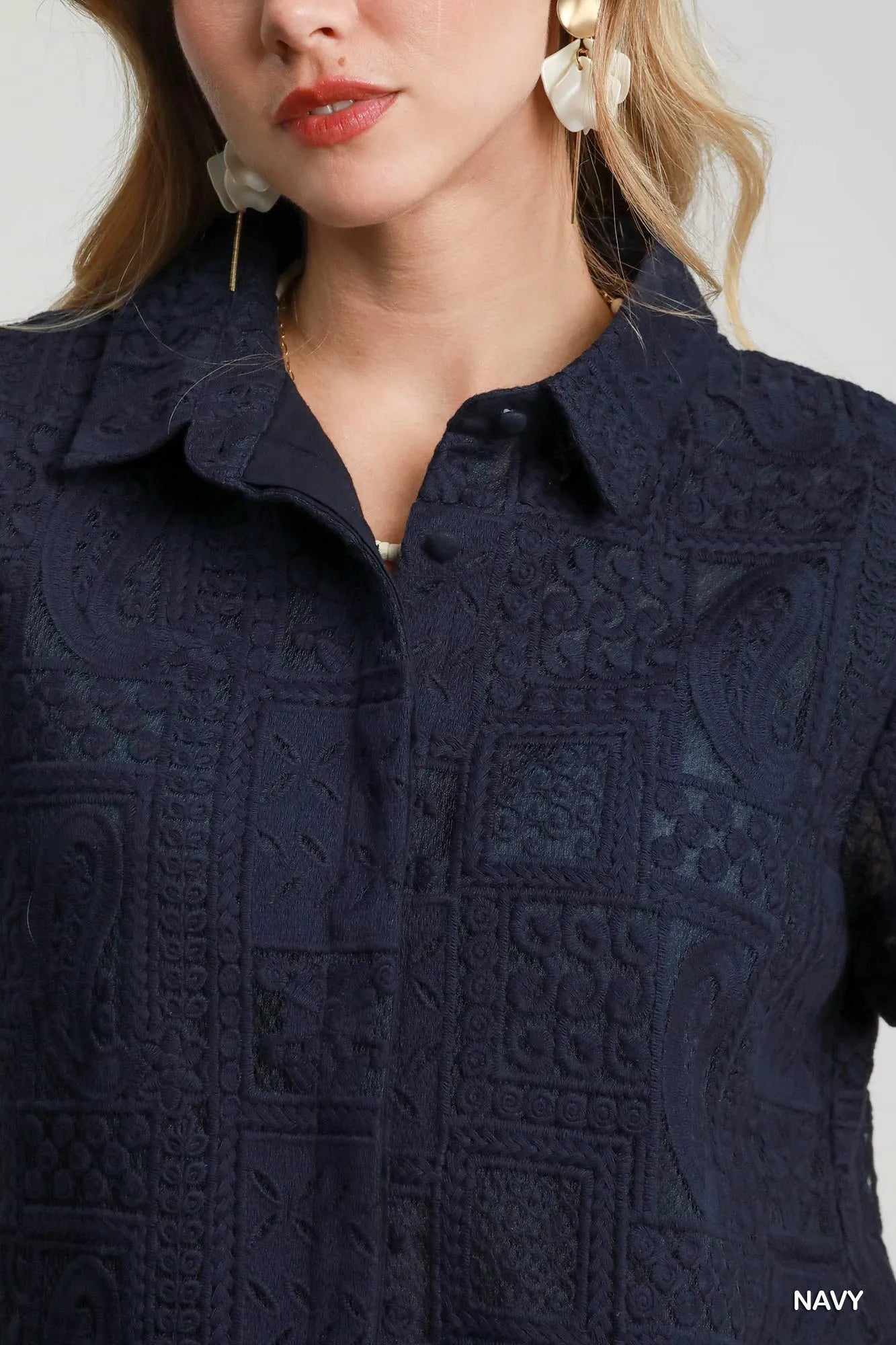 Short Sleeve Button Down Navy Shirt Patch Lace at In Style Chics Boutique