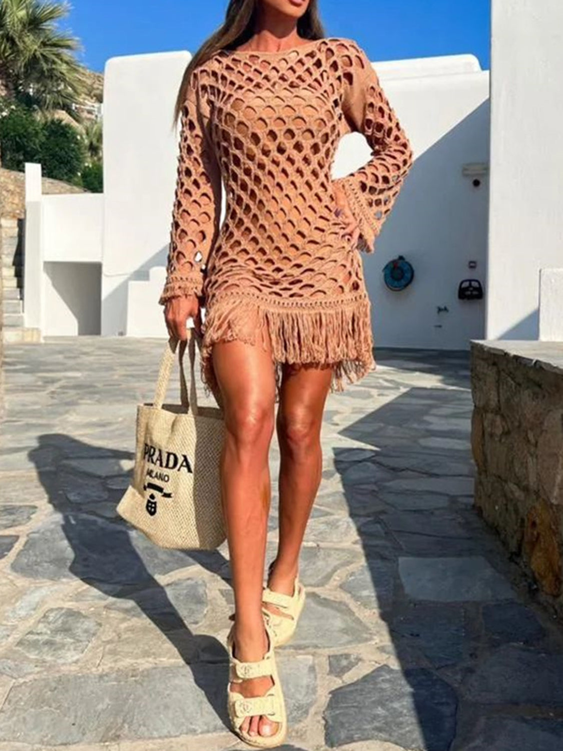 Fringe Cutout Long Sleeve Cover Up - In Style Chics Boutique LLC
