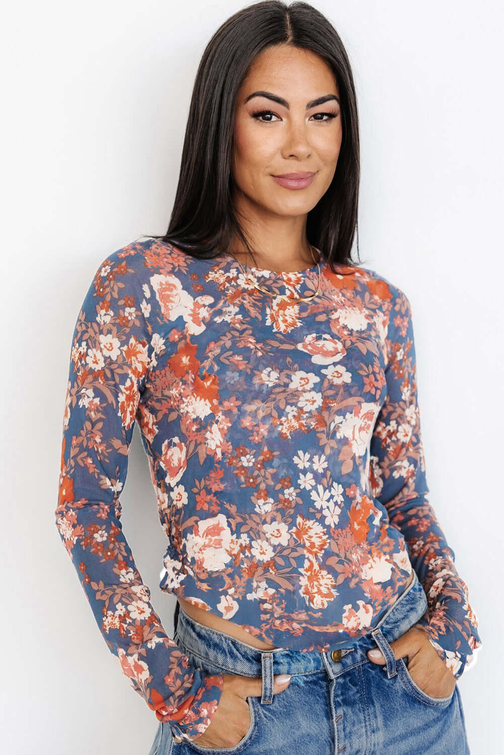 Boho Floral Print Mesh Long Sleeve Top - In Style Chics Boutique Online Clothing Women's Juniors Free Shipping Cute Clothes