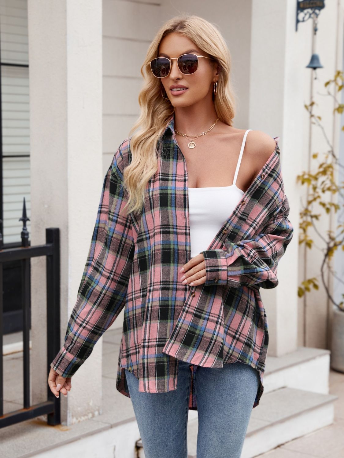 Pocketed Plaid Collared Neck Long Sleeve Shirt - In Style Chics Boutique LLC