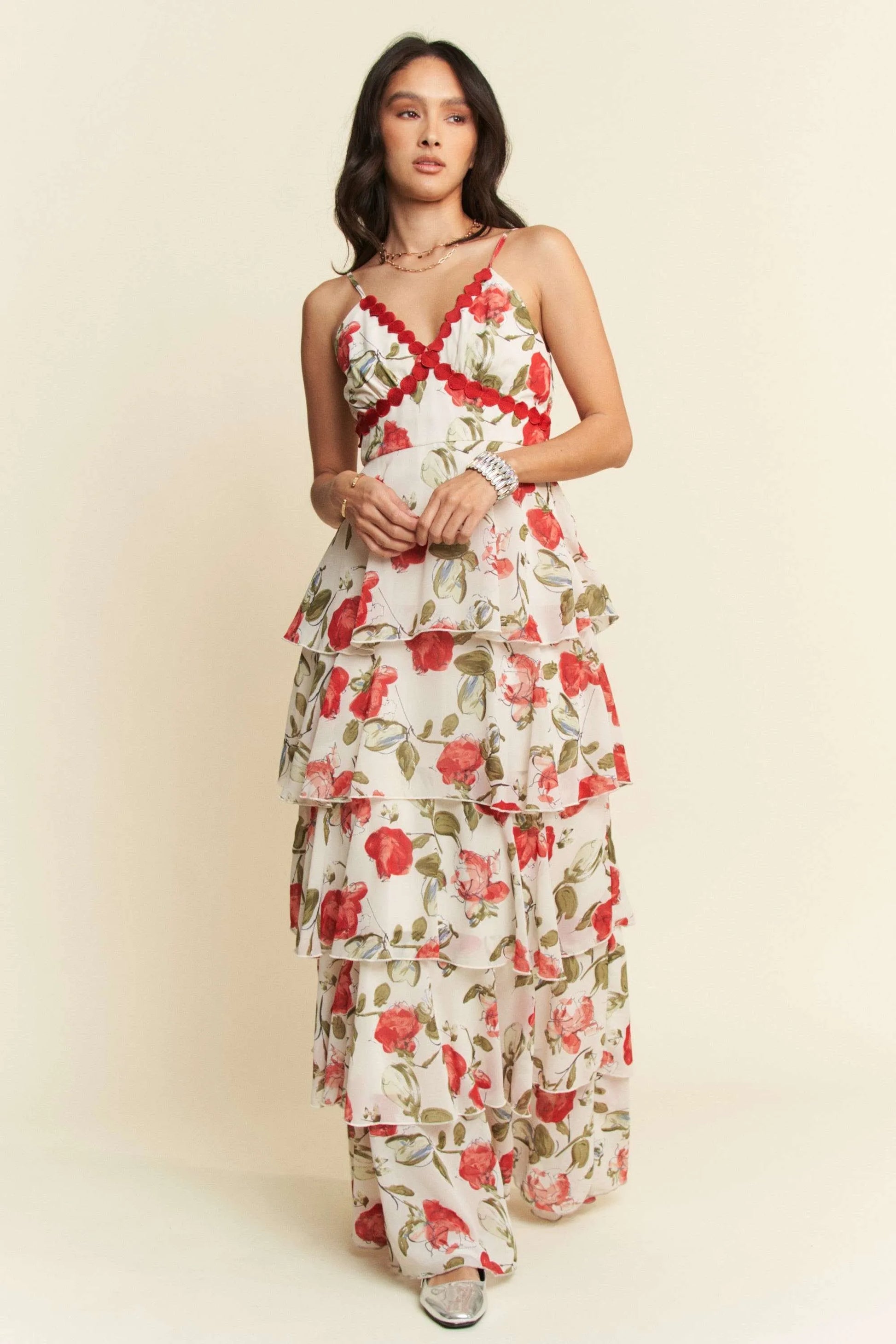 Maxi Cami Dress, Contrast Ring Lace Layered Ruffle - In Style Chics Boutique