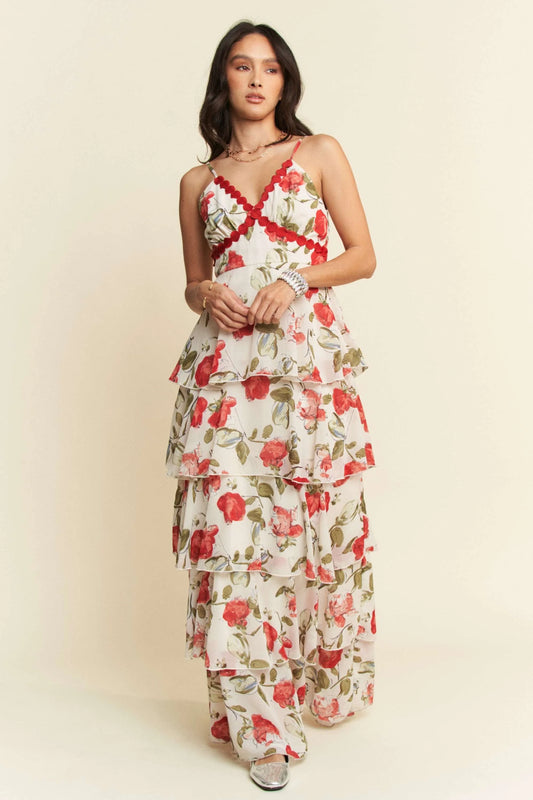 Maxi Cami Dress, Contrast Ring Lace Layered Ruffle - In Style Chics Boutique
