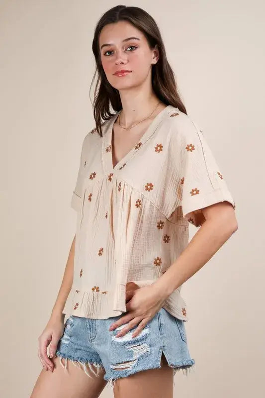 Flower Embroidered Woven Blouse