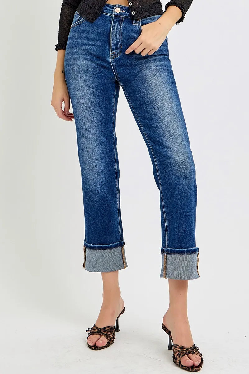 RISEN High Rise Ankle Straight Cuffed Jeans - In Style Chics Boutique Womens Jeans Plus Size Jeans