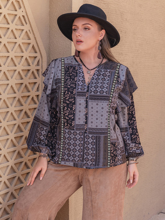 Plus Size Ruffled Printed Notched Long Sleeve Blouse - In Style Chics Boutique LLC