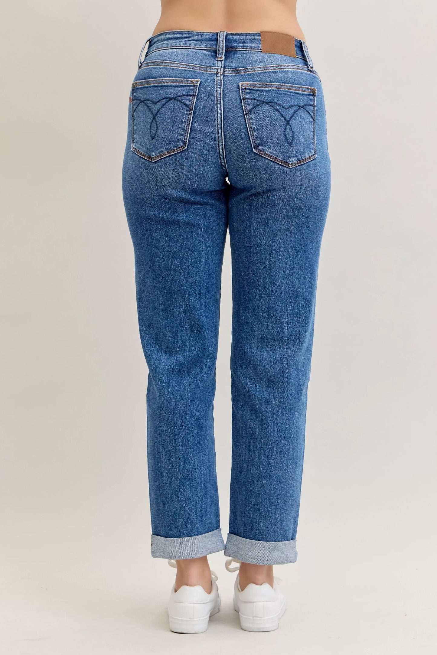 Judy Blue Mid Rise Boyfriend. Classic Cuffed Jeans at In Style Chics Boutique plus size jeans