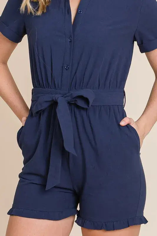 Collared Button Down Navy Romper with Tie Belt - Summer Stylish Fashion - In Style Chics Boutique Women's Juniors Apparel Online