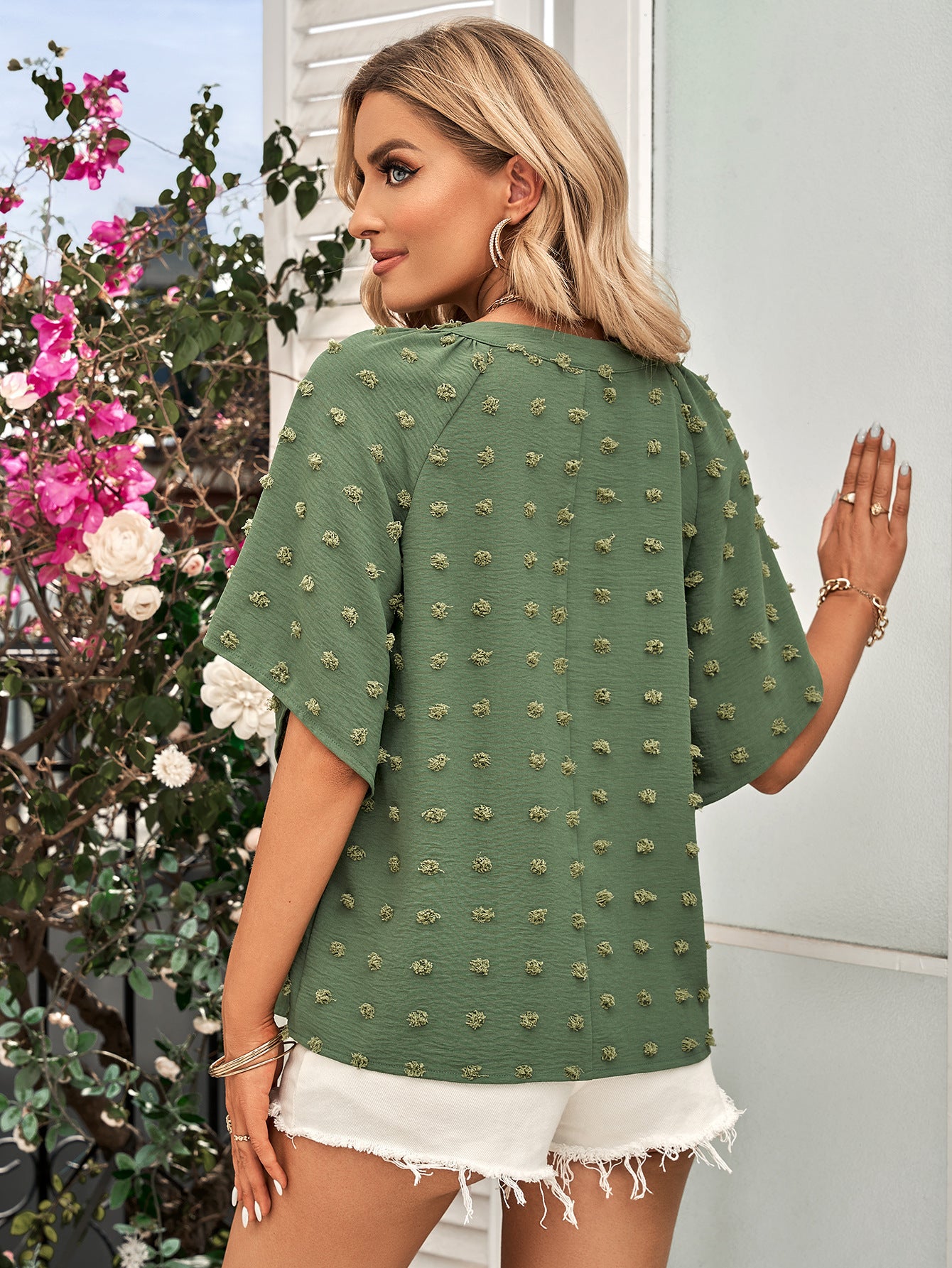 Swiss Dot Notched Neck Flare Sleeve Blouse - In Style Chics Boutique LLC