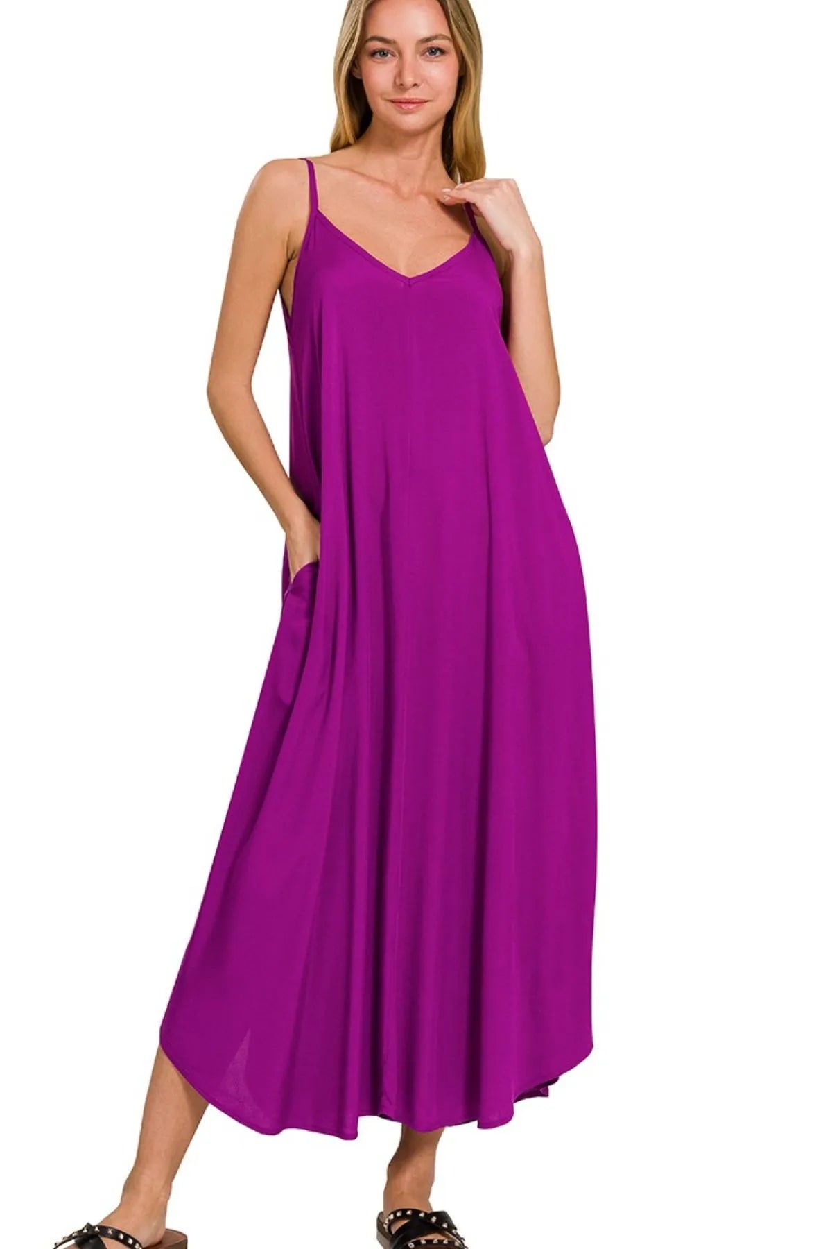 Cami Dress With Flowy Pockets, Woven Arc Hem - In Style Chics Boutique Women's Juniors Clothes Online