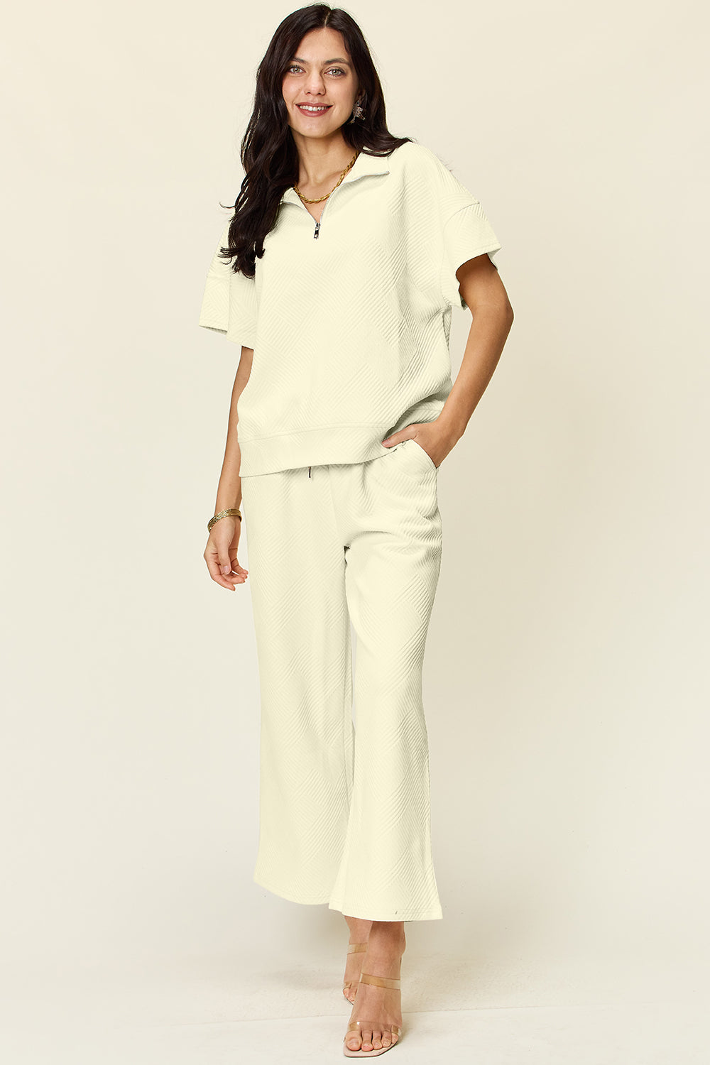 Double Take Texture Half Zip Short Sleeve Top & Pants Set- More Colors! - In Style Chics Boutique LLC