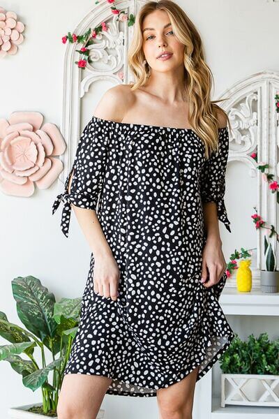 Short Sleeve Off Shoulder Animal Mini Dress - In Style Chics Boutique