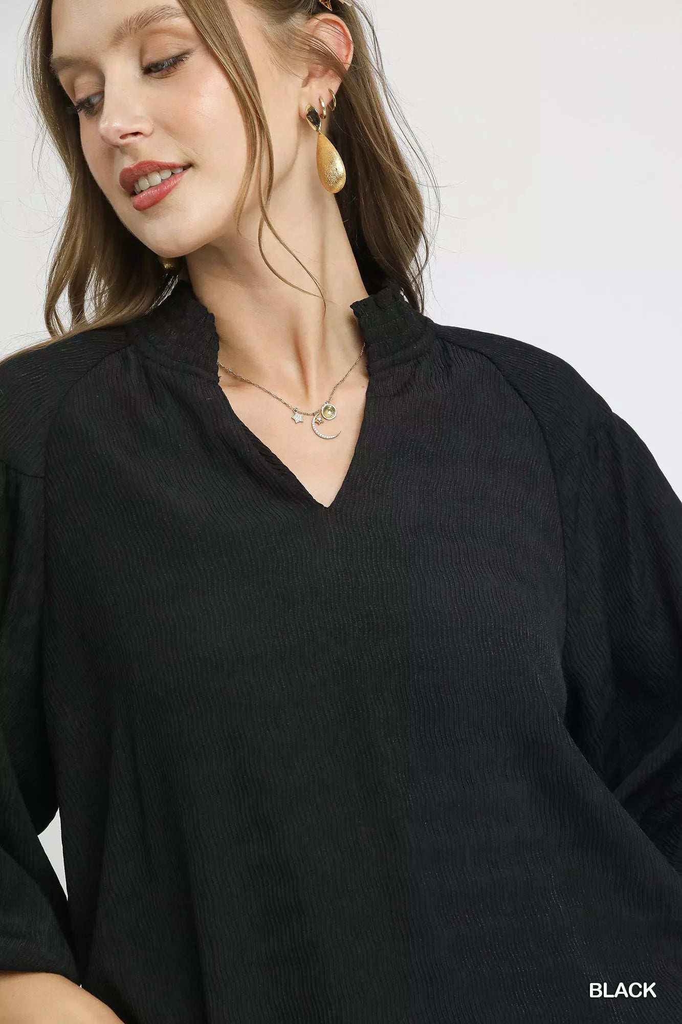 Textured V-Neck Black Blouse with Balloon Sleeves at In Style Chics Boutique