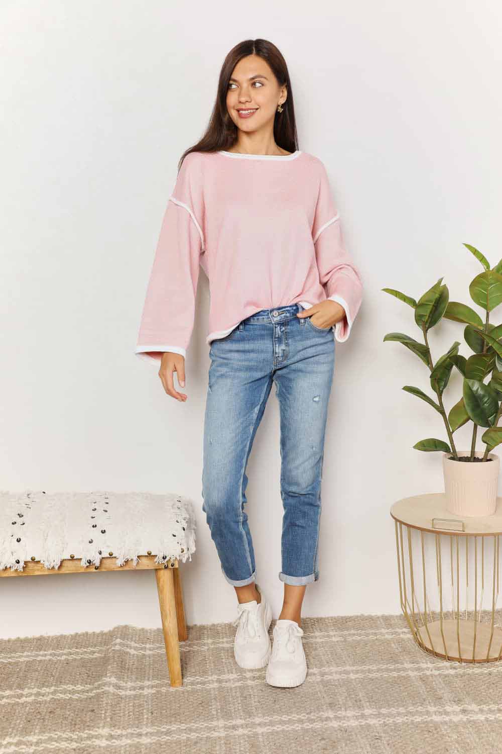Angel Wings Contrast Detail Dropped Shoulder Knit Top - In Style Chics Boutique LLC