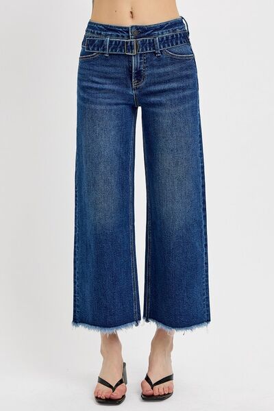 Women's Raw Hem Wide Leg Attached Buckle Jeans - In Style Chics Boutique Online Clothing