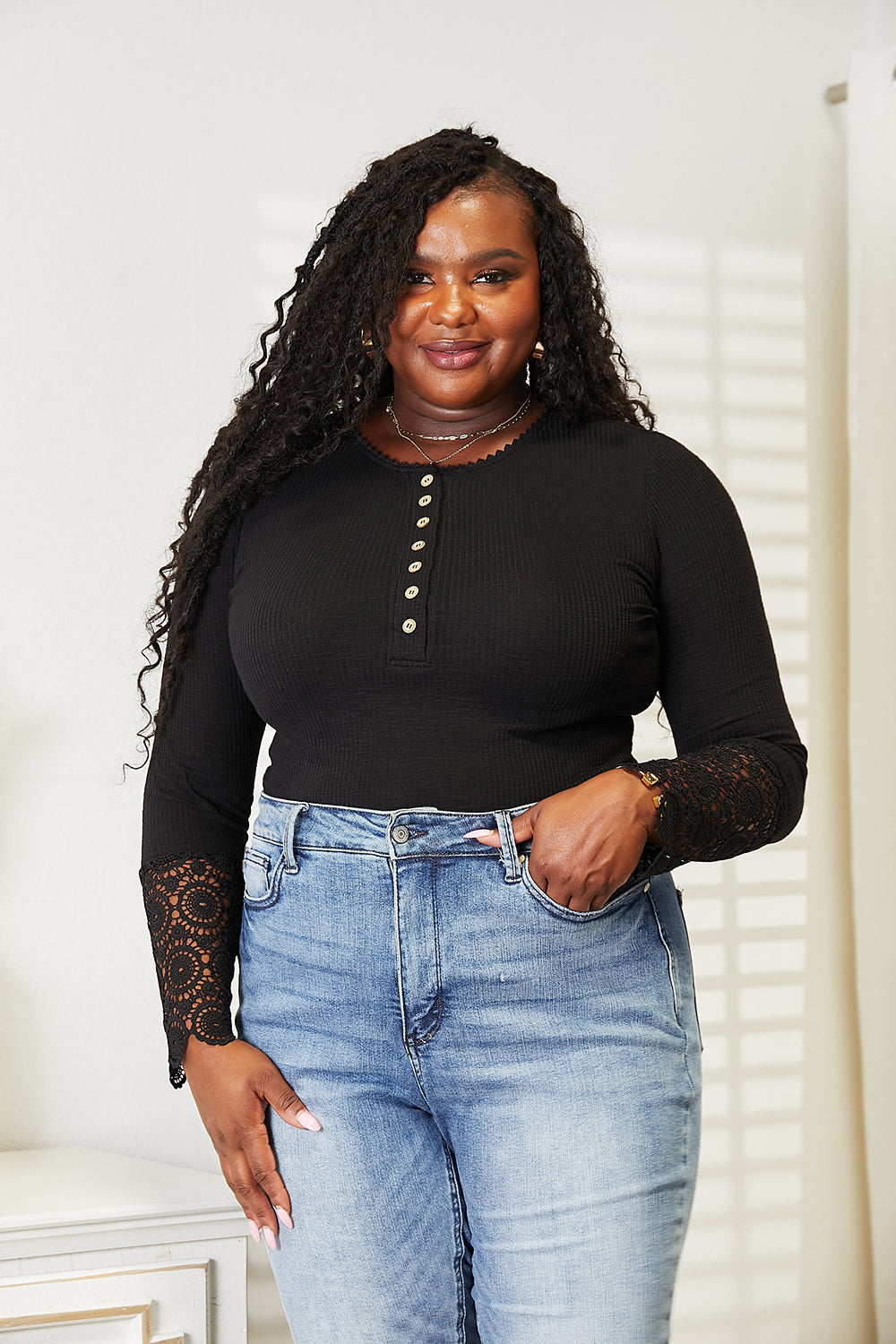 Shop this cute Crochet Lace Hem Sleeve Button Top at In Style Chics Boutique 🖤