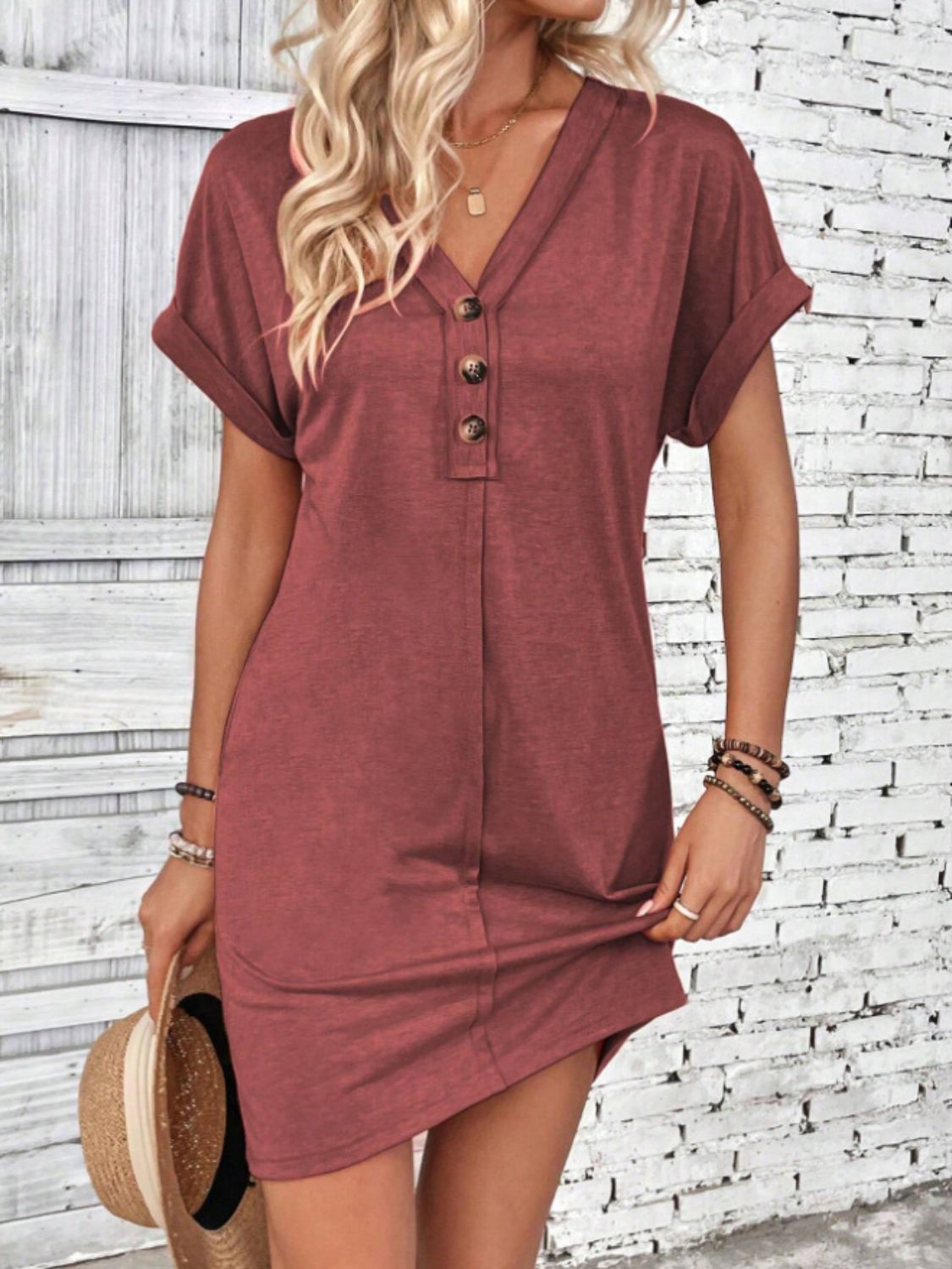 Quarter Button V-Neck Short Sleeve Dress - More Colors! - In Style Chics Boutique LLC