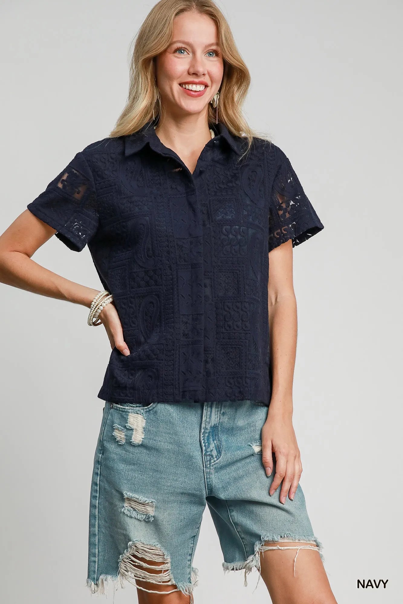 Short Sleeve Button Down Navy Shirt Patch Lace at In Style Chics Boutique