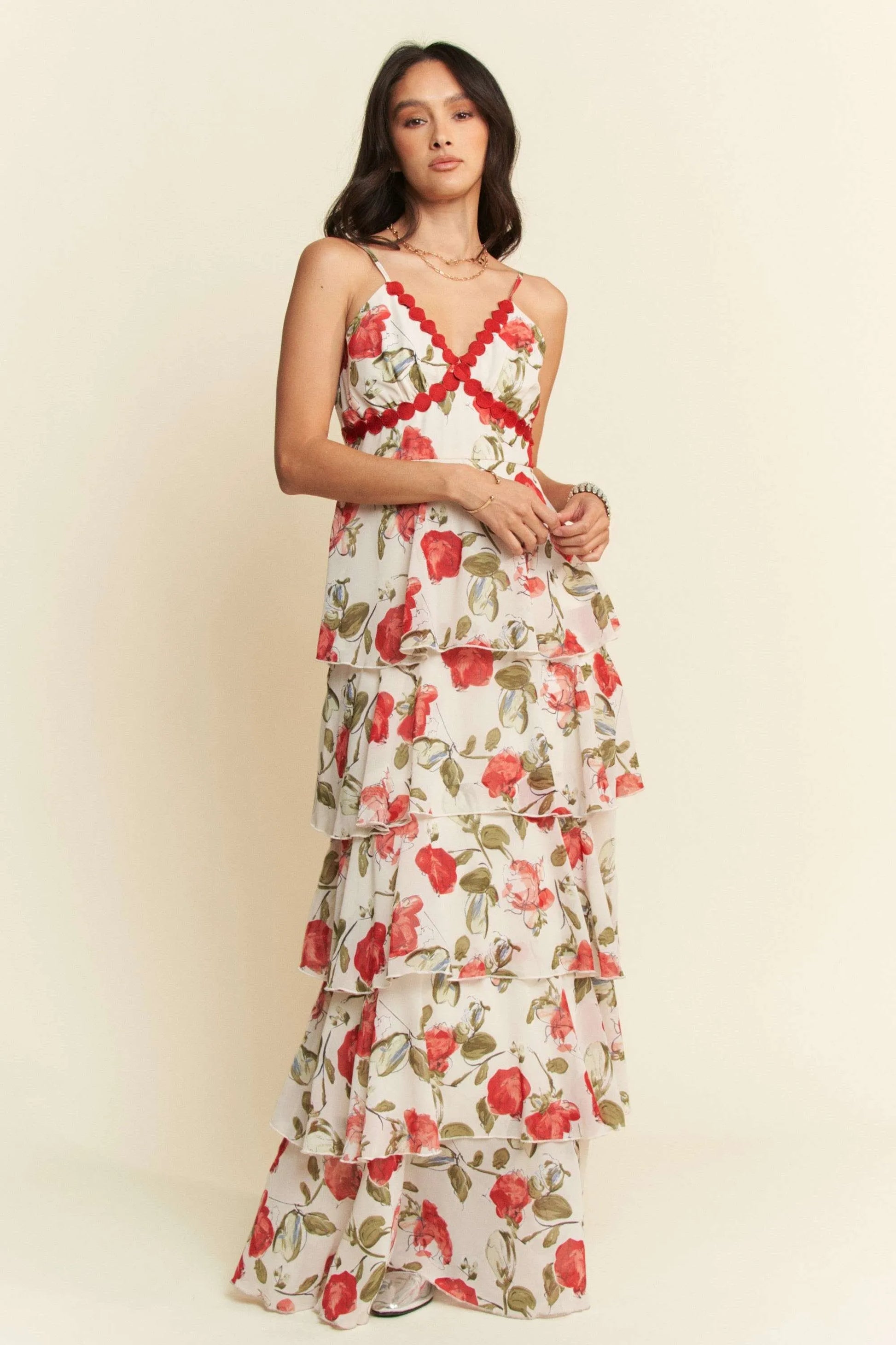 Maxi Cami Dress, Contrast Ring Lace Layered Ruffle - In Style Chics Boutique