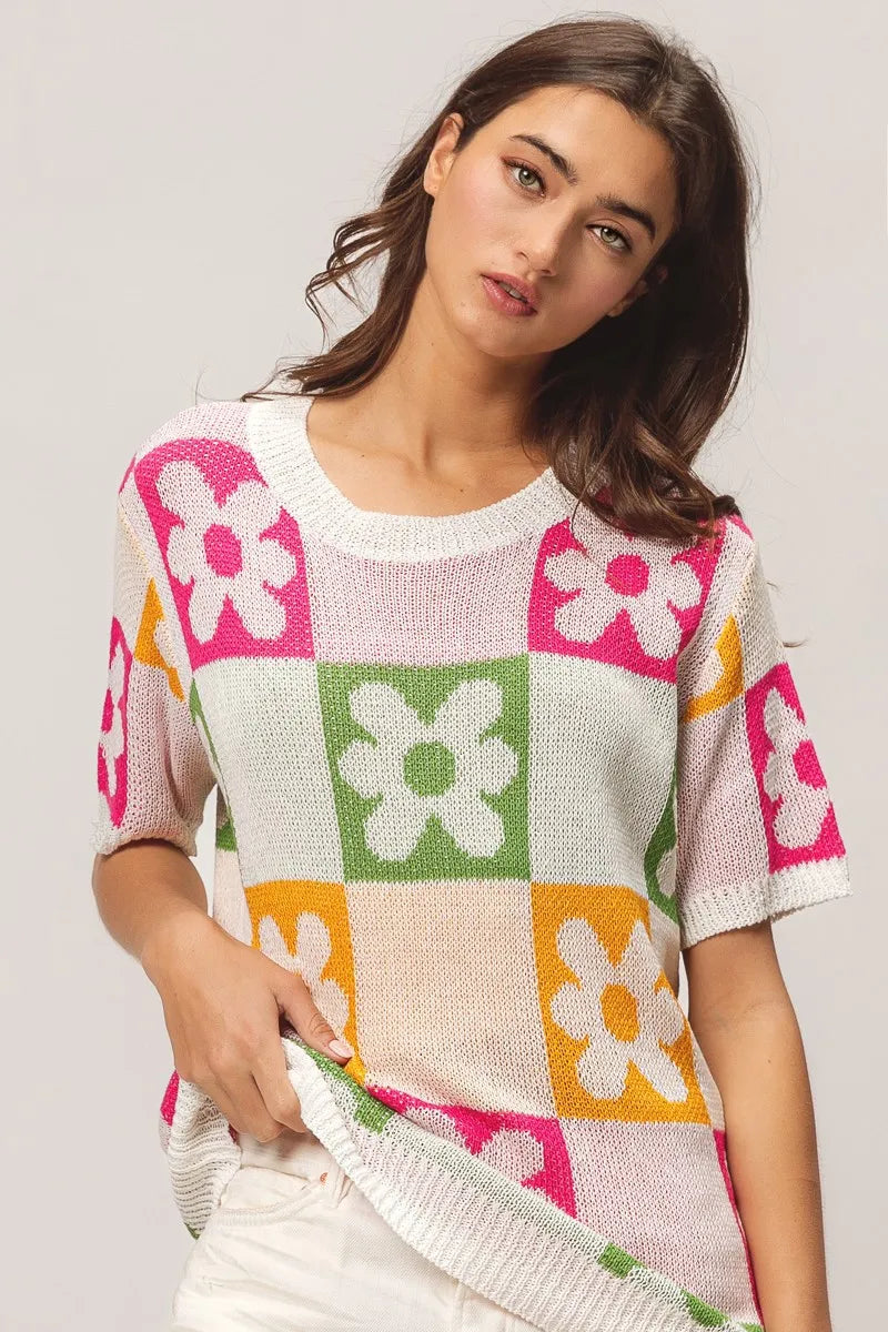 Sweater Top, Flower Checker Pattern Lightweight In Style Chics Boutique Where to buy stylish women’s clothes