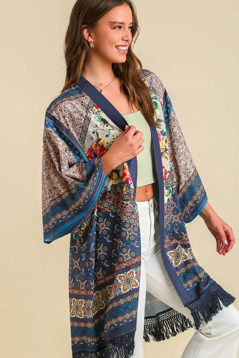 Fringe Hem Open Front Printed Kimono Sleeve Cover-Up - Cute Clothing - In Style Chics Boutique Online Women's Juniors Plus Size Apparel
