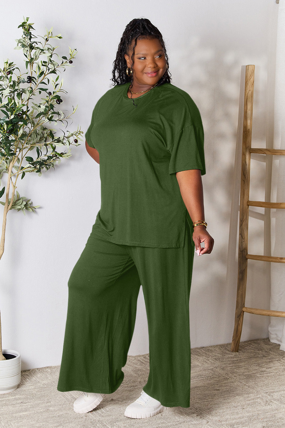 Double Take Round Neck Slit Top and Pants Set - More Colors! - In Style Chics Boutique LLC