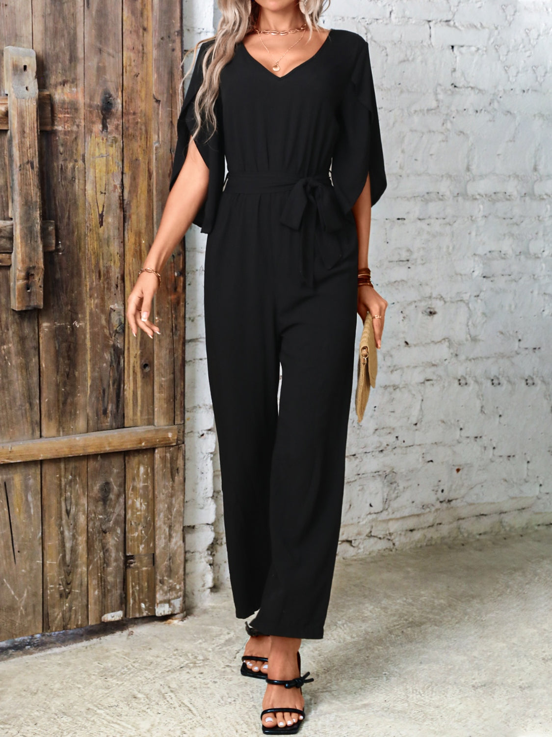 Tied V-Neck Half Sleeve Wide Leg Jumpsuit - In Style Chics Boutique LLC
