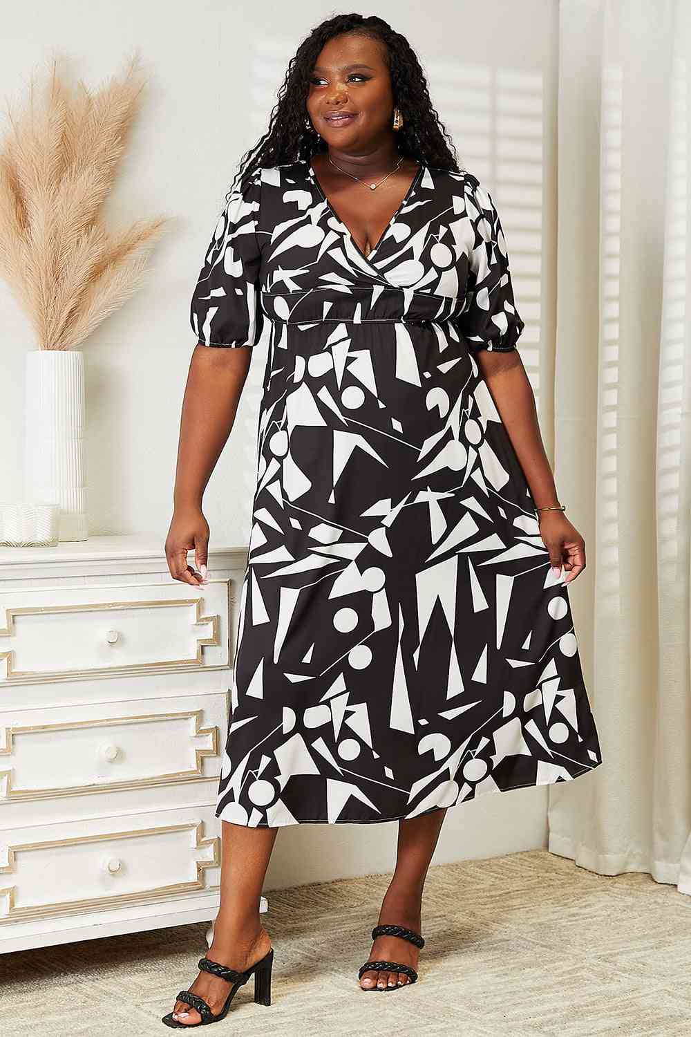 Printed Surplice Balloon Sleeve Dress - spring dresses - In Style Chics Boutique Online Clothing
