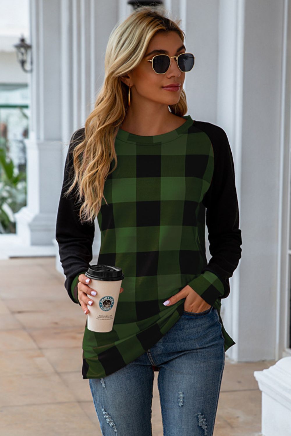 Plaid Round Neck Long Sleeve T-Shirt - In Style Chics Boutique LLC