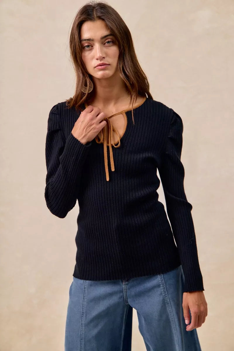 Ribbed Contrast Front Tied 🖤 Top with Shirred Detail at In Style Chics Boutique