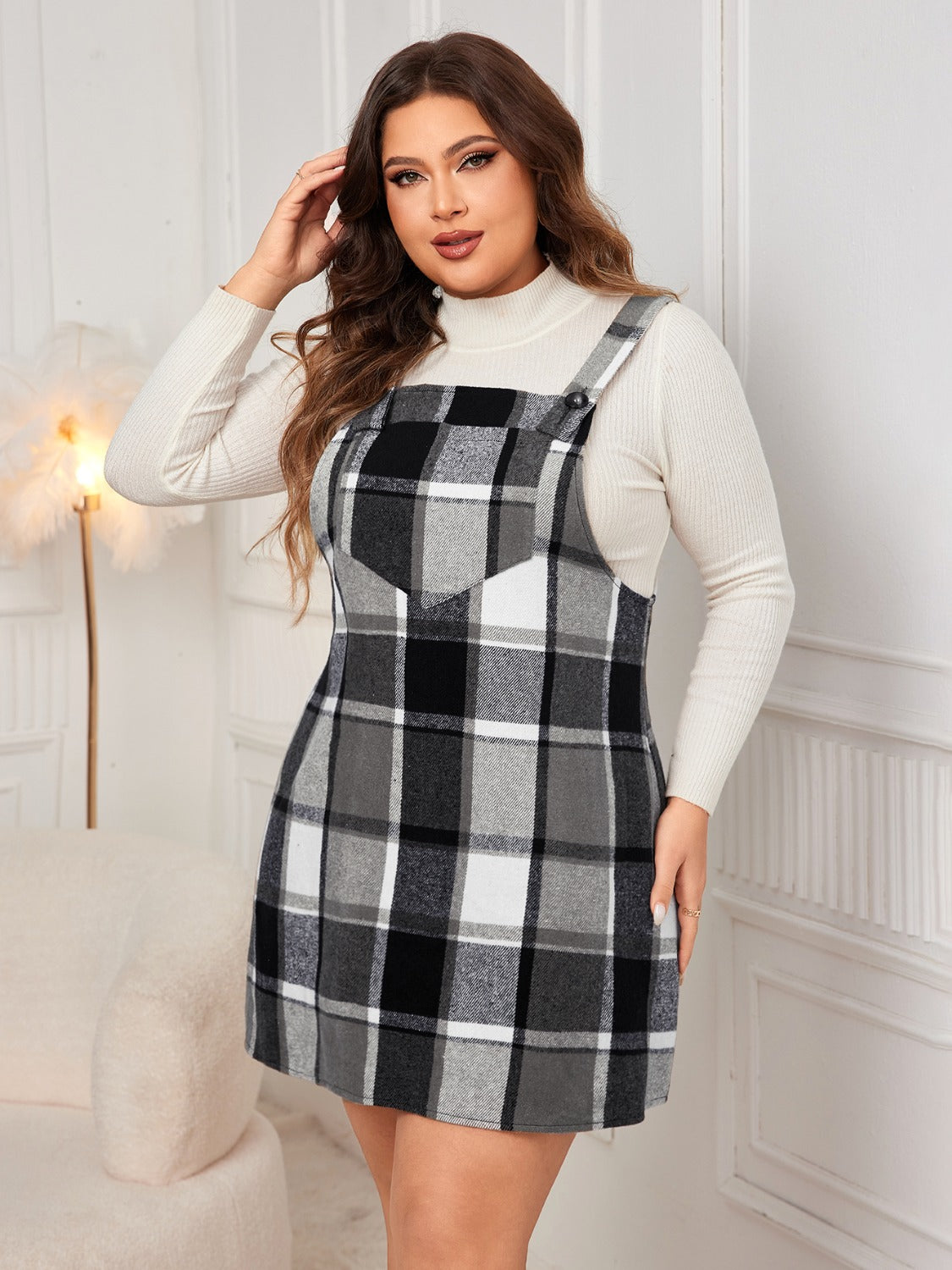 Honey Plus Size Plaid Wide Strap Overall Dress - In Style Chics Boutique LLC