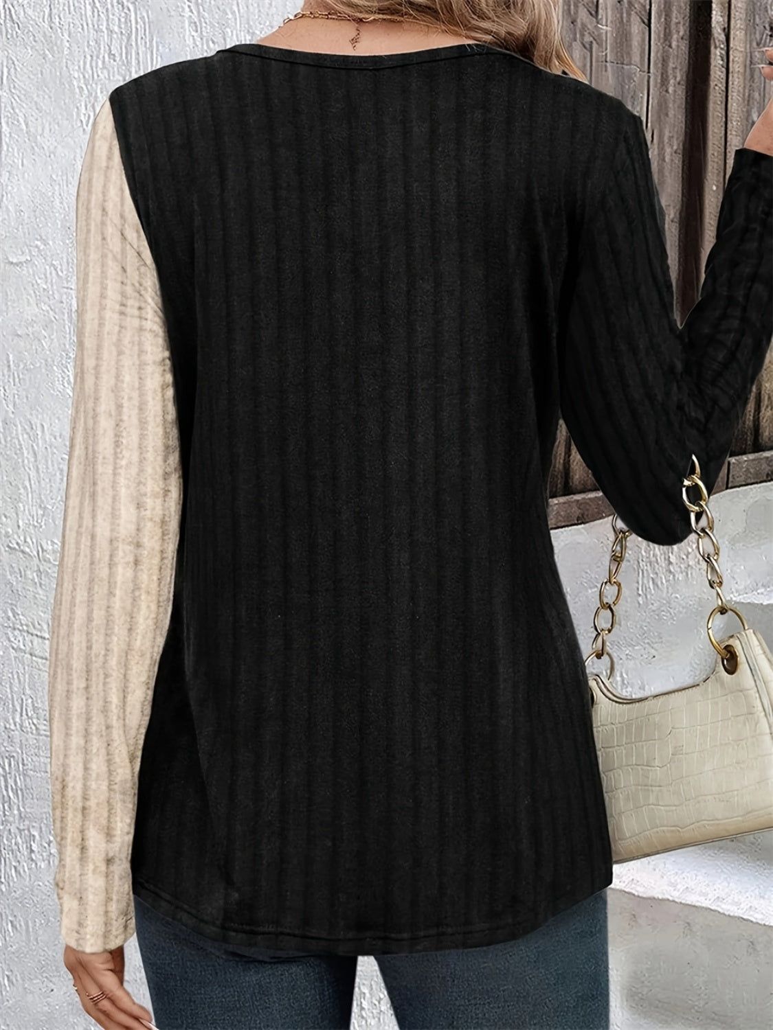 Decorative Button Contrast Round Neck Long Sleeve T-Shirt - In Style Chics Boutique LLC