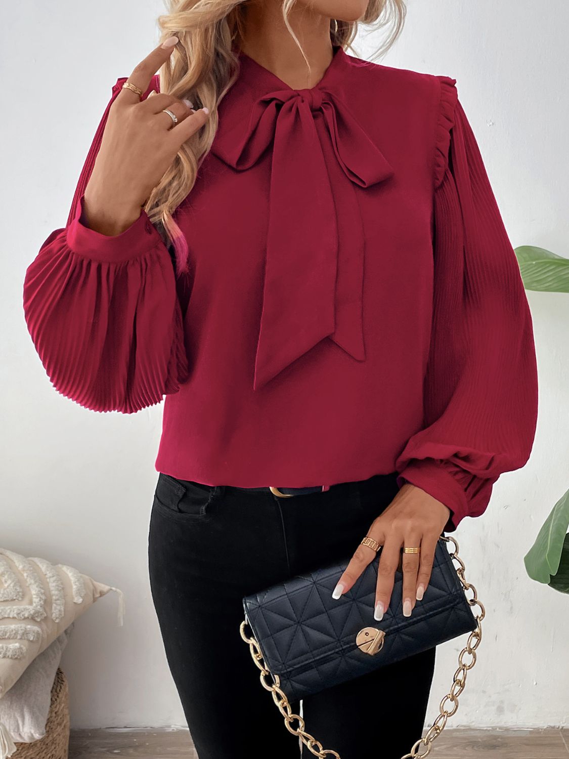 Perfee Frill Tie Neck Long Sleeve Blouse - In Style Chics Boutique LLC