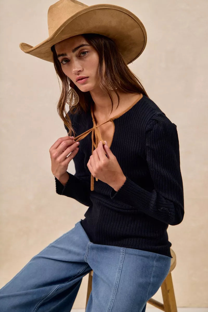 Ribbed Contrast Front Tied 🖤 Top with Shirred Detail at In Style Chics Boutique