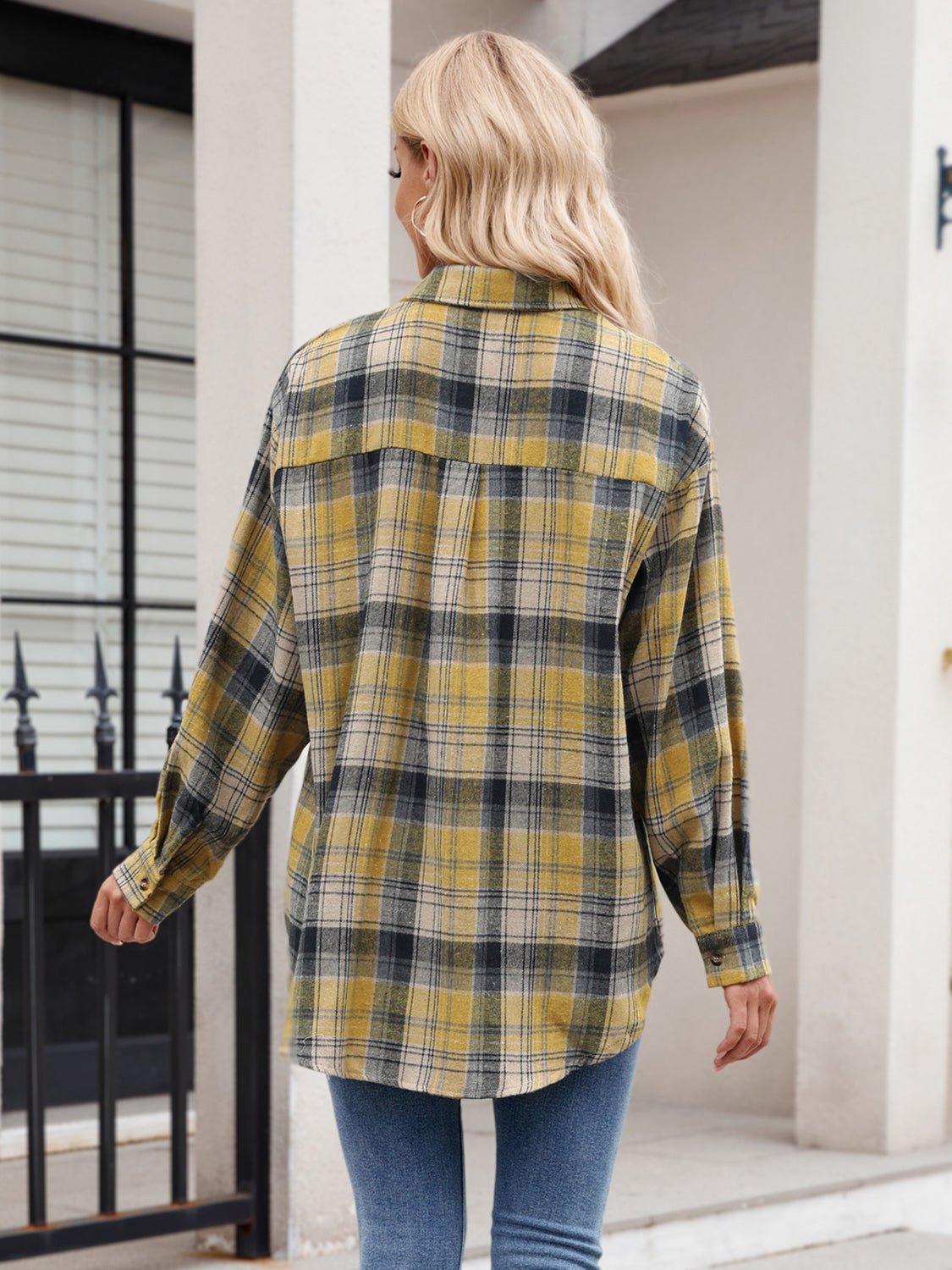 Pocketed Plaid Collared Neck Long Sleeve Shirt - In Style Chics Boutique LLC