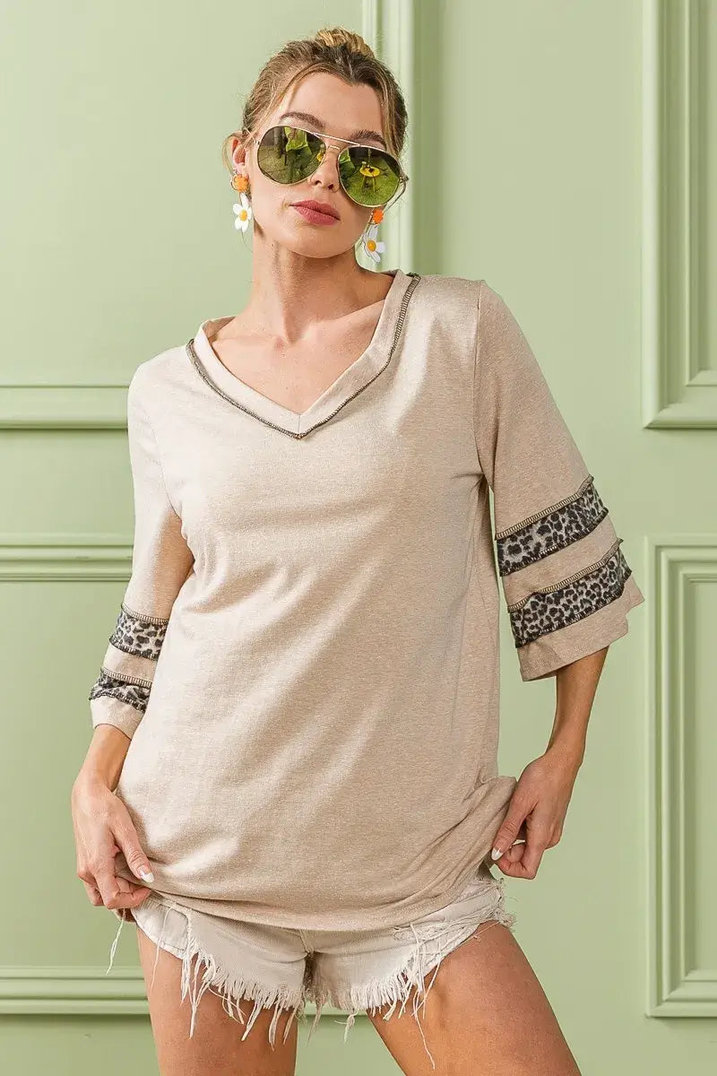 Triblend Knit Top with Leopard Band Detail
