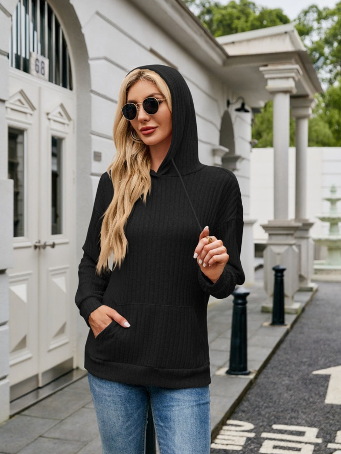 Ribbed Drawstring Long Sleeve Hoodie - In Style Chics Boutique LLC