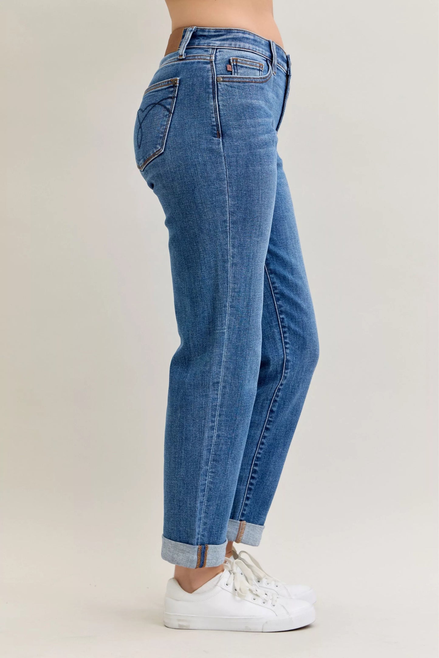 Judy Blue Mid Rise Boyfriend. Classic Cuffed Jeans at In Style Chics Boutique plus size jeans