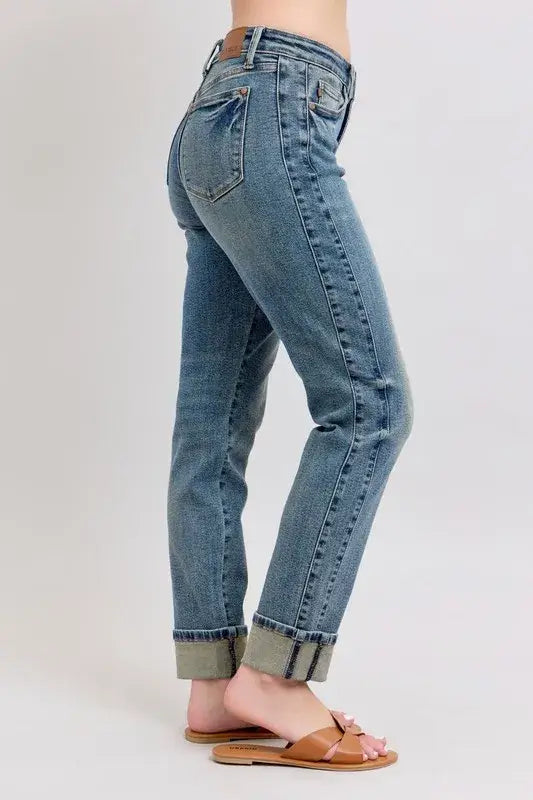 Judy Blue Mid Rise Vintage Wash Double Roll Cuff Boyfriend Jeans - In Style Chics Boutique Women's Juniors Plus Size Apparel Online