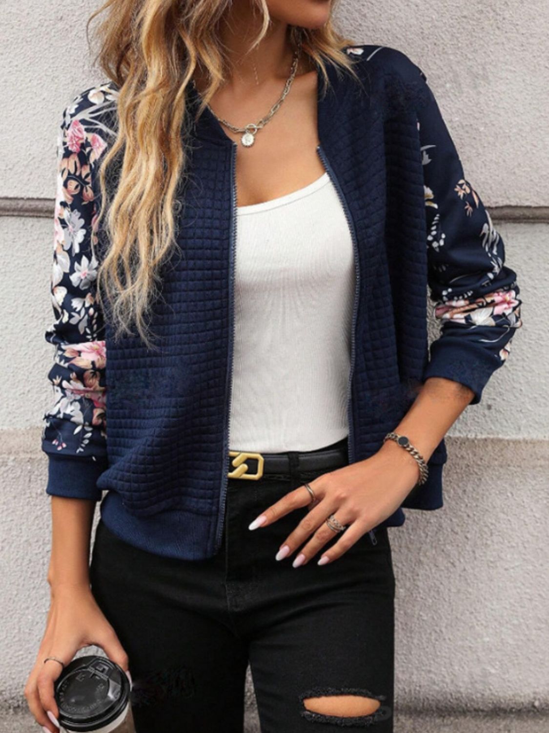 Printed Zip Up Long Sleeve Jacket - In Style Chics Boutique LLC